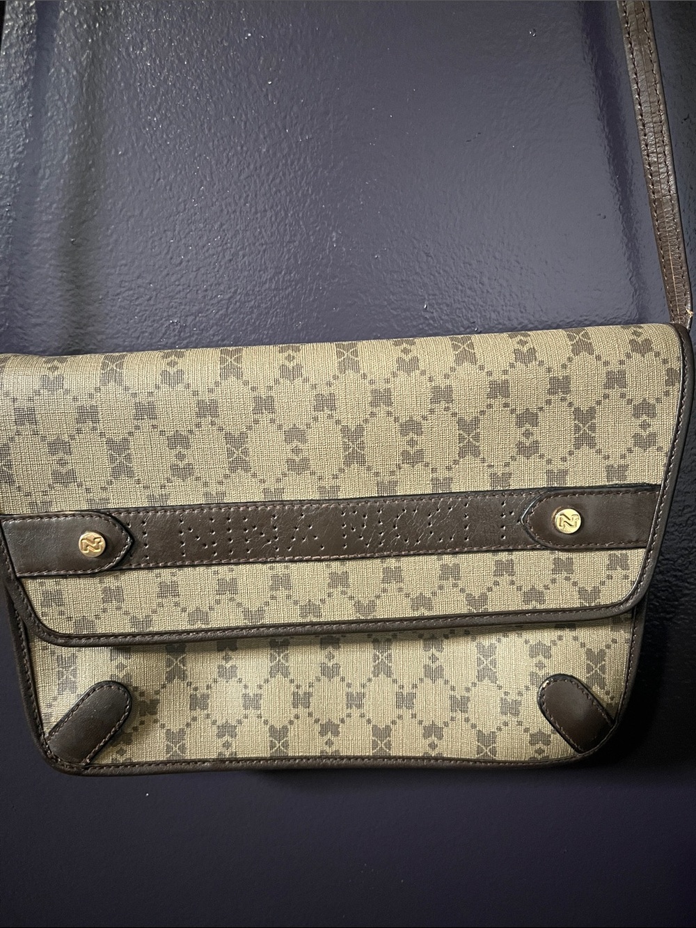 Nina Ricci Beige Monogram Crossbody Bag with Brown Trim